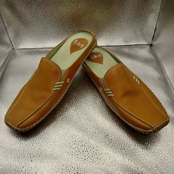 1803 Anthropology Brown & Green Leather Flat Mules Women's Size 38/7.5 - Picture 1 of 9